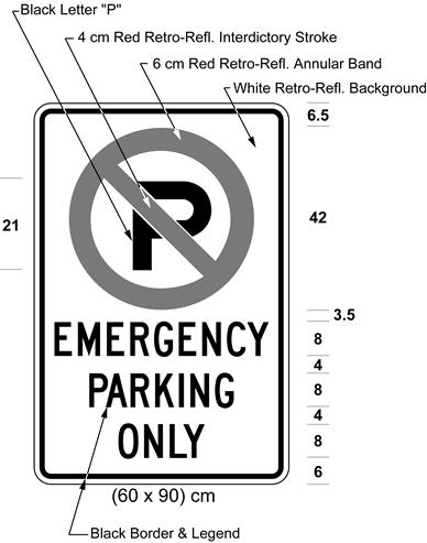 Illustration of sign with a no parking symbol above text EMERGENCY PARKING ONLY.
