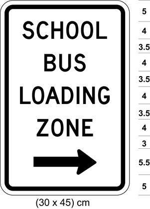 Illustration of sign with text SCHOOL BUS LOADING ZONE and arrow pointing right.
