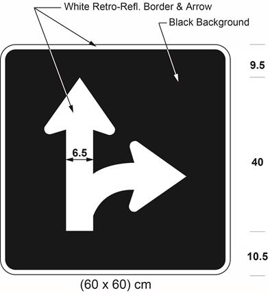 Illustration of sign with branching white arrow curving right and proceeding straight on black background.