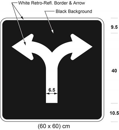Illustration of sign with branching white arrow curving left and curving right on black background.