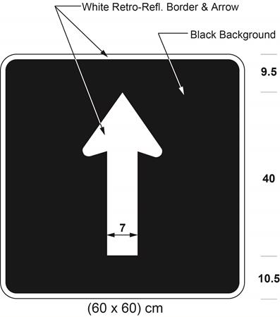 Illustration of sign with white arrow proceeding straight on black background.