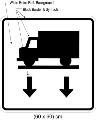 Illustration of sign with symbol of truck on road above two arrows pointing down.