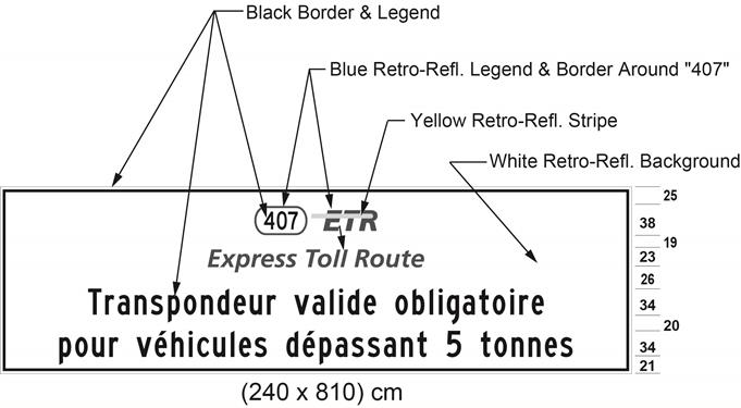 Illustration of sign with 407 ETR symbol and text Transpondeur valide obligatoire pour véhicules dépassant 5 tonnes.