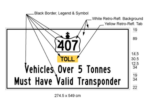 Illustration of sign with 407 inside Crown symbol, text Toll on yellow background and text Vehicles Over 5 Tonnes Must Have Valid Transponder on white background.