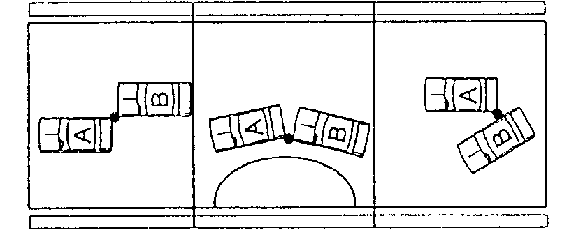 Diagram of three different types of collisions where automobile A is struck from rear by automobile B.