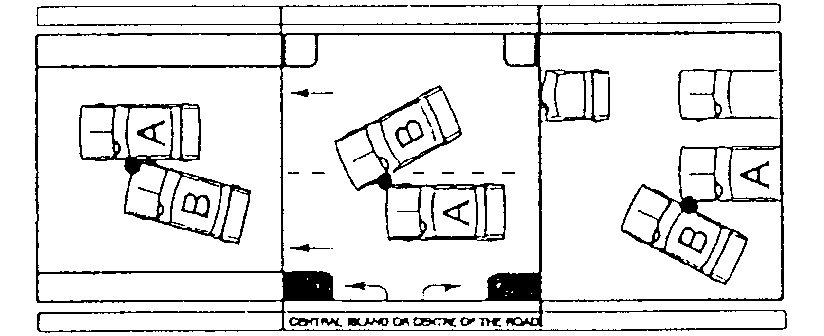 Diagram of three different types of collisions where automobile B is changing lanes and sideswipes automobile A.