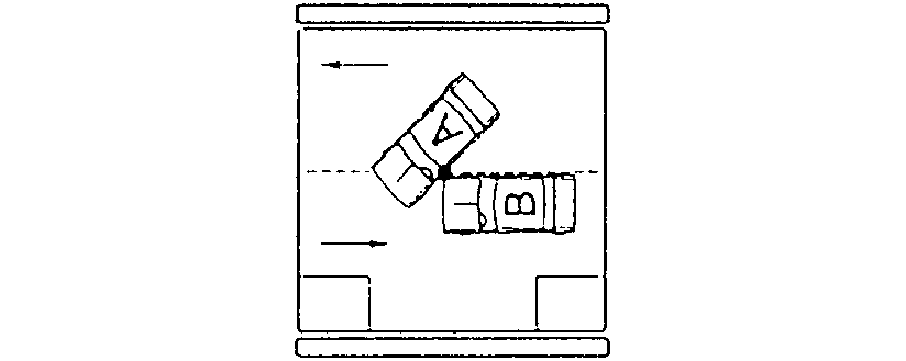 Diagram of a collision where automobile A turns left at a driveway and is struck by B overtaking A against traffic.