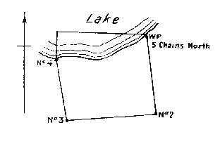 Diagram of claim without No. 1 post. Witness post at northeast corner and No. 4 post are on lake edge.