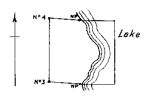 Diagram of claim where No. 1 and 2 posts would be in lake. Witness posts on lake edge at north and south boundaries.