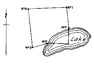 Diagram of claim where No. 2 post would be in lake. Witness posts on lake edge at east and south boundaries.