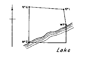 Diagram of a claim where No.2 post would be in lake. Witness post on east boundary and No. 3 post are on lake edge.