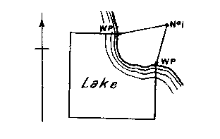 Diagram of claim where No. 2, 3 and 4 posts would be in lake. Witness posts on lake edge on north and east boundaries.