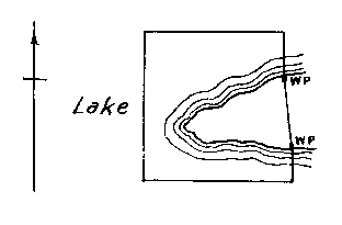 Diagram of claim with no numbered posts. Land protrudes across east boundary with witness posts on either side at lake edge.