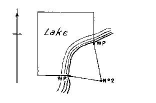 Diagram of claim where No. 1, 3 and 4 posts would be in lake. Witness posts on lake edge on east and south boundaries.