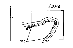 Diagram of claim where No. 1, 2 and 4 posts would be in lake. Witness posts on lake edge on west and south boundaries.