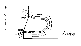 Diagram of claim with no numbered posts. Land protrudes across west boundary with witness posts on either side at lake edge.