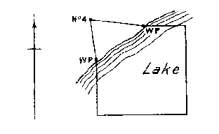 Diagram of claim where No. 4 post would be in lake. Witness posts on lake edge on north and west boundaries.