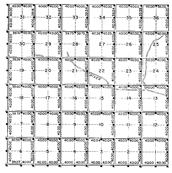 Sketch 2 of Method 145 in a Sectional Township with quarter sections with road allowances per Section 42, clause b.