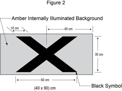 Illustration of sign 40 cm high and 90 cm wide with black X on amber internally illumniated background