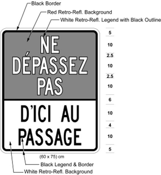 Illustration of sign 60 cm wide and 75 cm high with white text NE DÉPASSEZ PAS on red background over black text D'ICI AU PASSAGE on white background