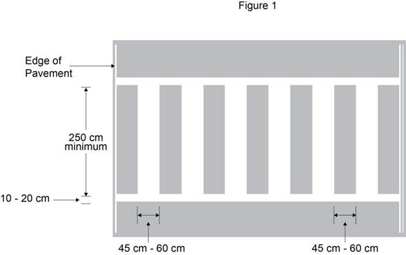 Diagram of pavement markings for a ladder crosswalk showing thin horizontal bars on top and bottom of spaced parallel bars