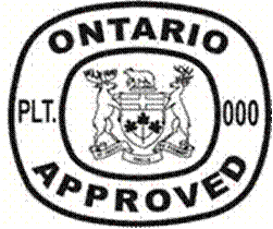 Illustration of inspection legend with the text ONTARIO APPROVED and PLT. 000 broken up by an Ontario coat of arms.