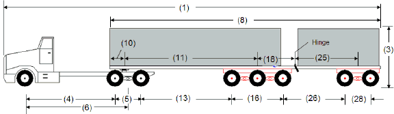 Illustration of Designated Tractor-Trailer Combination 14 with tractor attached to semi-trailer as described below.