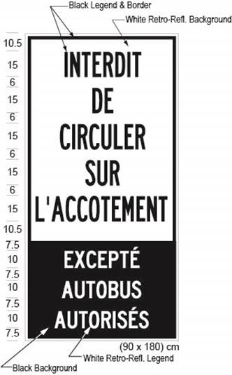 Illustration of Figure 2 - a ground-mounted sign with text INTERDIT DE CIRCULER SUR L'ACCOTEMENT - EXCEPTÉ AUTOBUS AUTORISÉS.