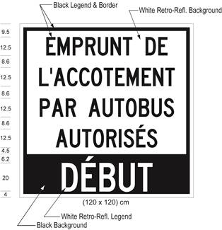 Illustration of Figure 4 - a ground-mounted sign with text EMPRUNT DE L'ACCOTEMENT PAR AUTOBUS AUTORISÉS - DÉBUT.