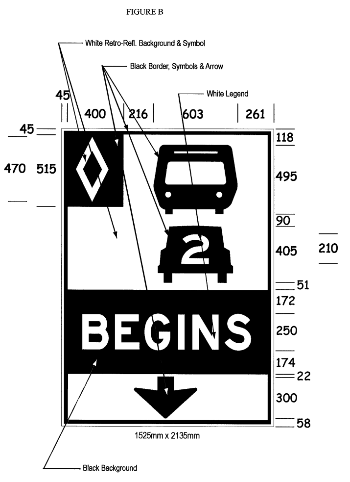 Illustration of Figure B - overhead sign with HOV diamond symbol, bus, car with 