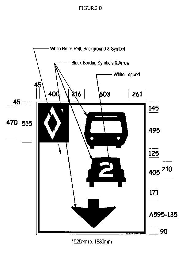 Illustration of Figure D - overhead sign with HOV diamond symbol, bus, car with number 