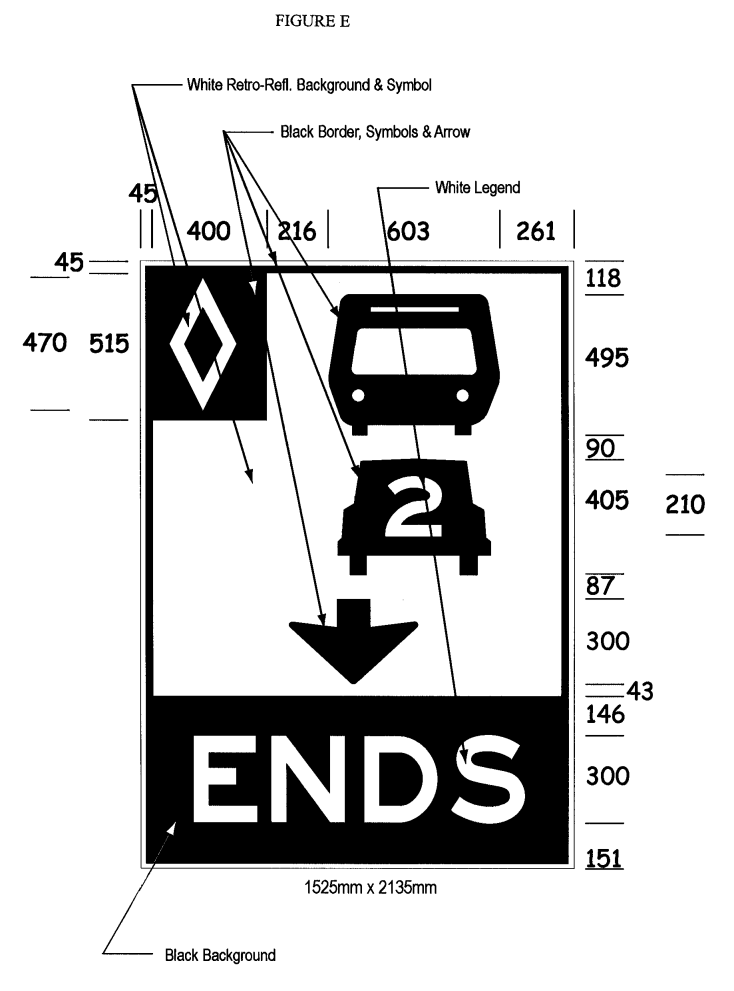 Illustration of Figure E - overhead sign with HOV diamond symbol, bus, car with 