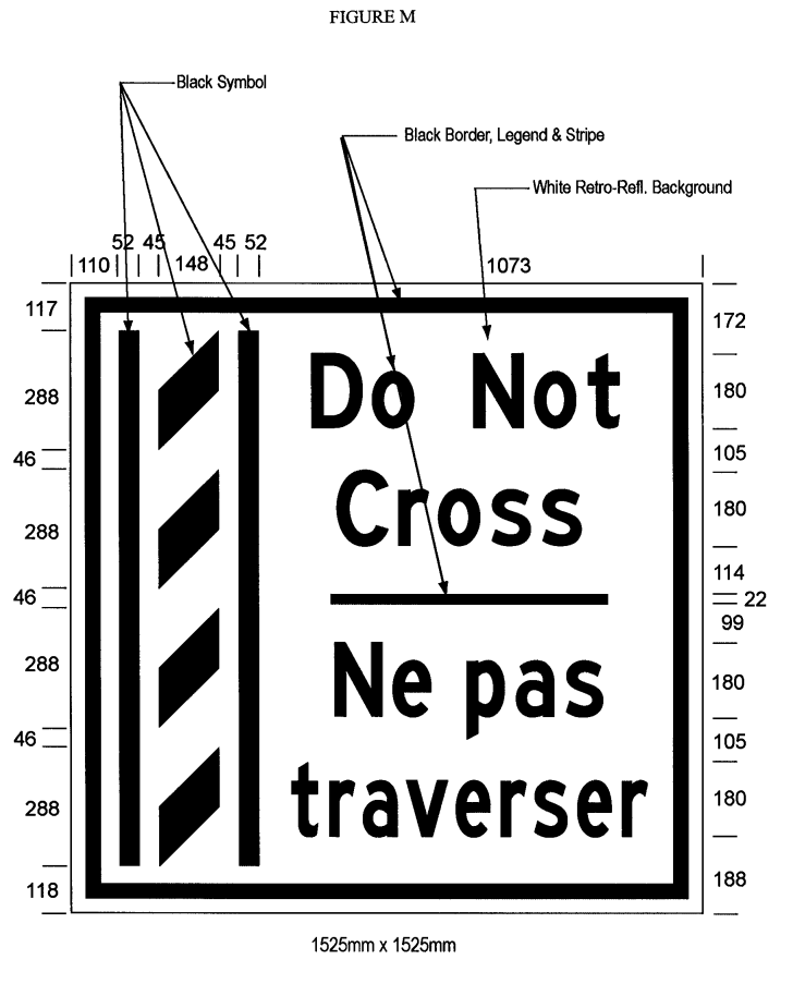 Illustration of Figure M - overhead sign of a buffer zone and to its right the text Do Not Cross/Ne pas traverser. 