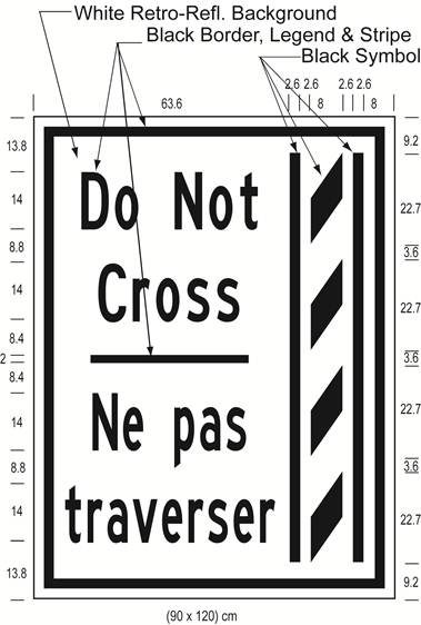 Illustration of Figure P - ground-mounted sign of a buffer zone and to its left the text Do Not Cross/Ne pas traverser.