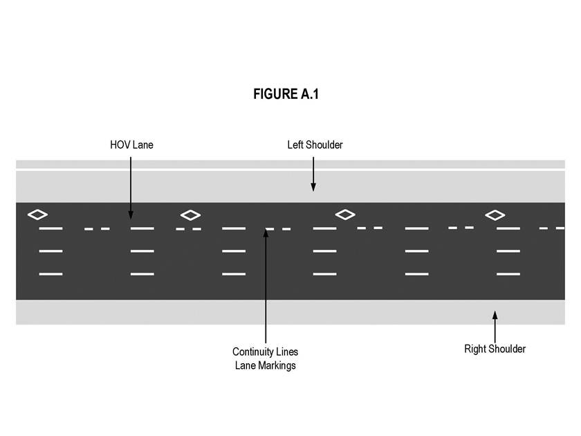 Illustration of Figure A.1 - HOV lane with diamond markings, entry or exit continuity lines, and shoulders. 