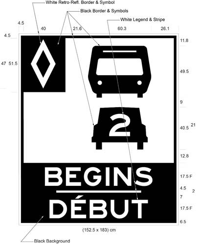 Illustration of Figure C.1 - ground-mounted sign with HOV diamond symbol, bus, car with 2 inside it and text BEGINS/DÉBUT.