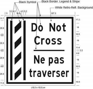 Illustration of Figure M - overhead sign of a buffer zone and to its right the text Do Not Cross/Ne pas traverser.