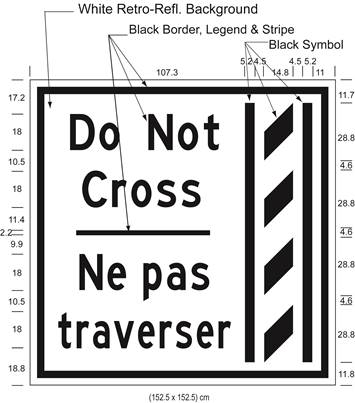 Illustration of Figure N - overhead sign of a buffer zone and to its left the text Do Not Cross/Ne pas traverser.