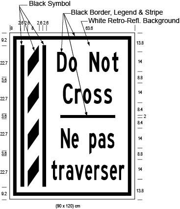 Illustration of Figure O - ground-mounted sign of a buffer zone and to its right the text Do Not Cross/Ne pas traverser.