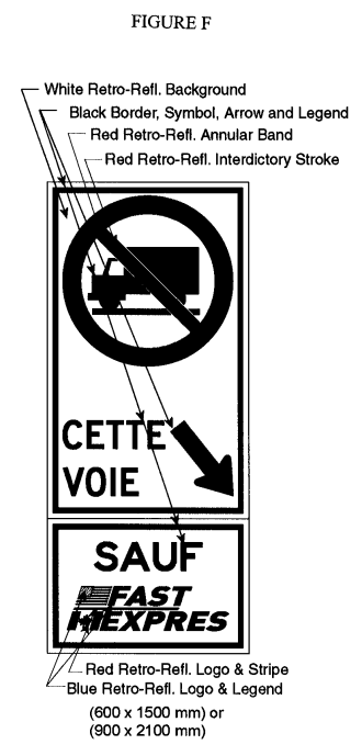 Illustration of Figure F - sign with a No Trucks symbol, downward right arrow with text CETTE VOIE and SAUF FAST/EXPRES.