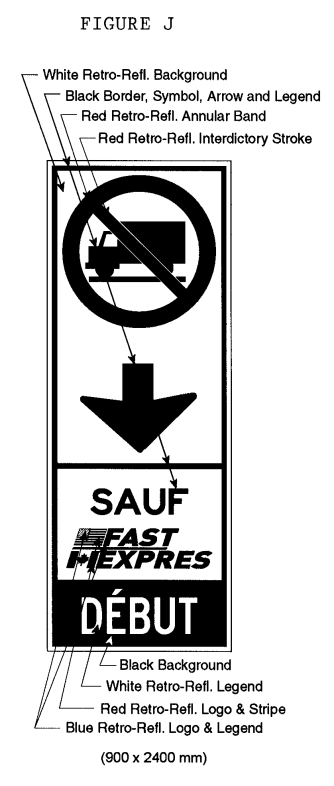 Illustration of Figure J -an overhead sign with a No Trucks symbol, down arrow, text SAUF FAST/EXPRES, and text DÉBUT.
