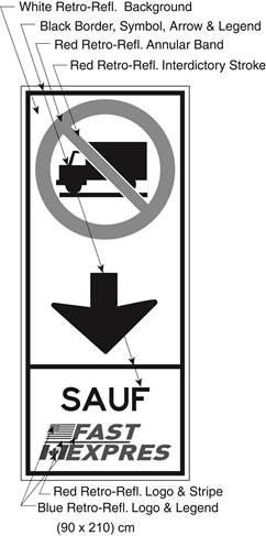 Illustration of Figure D - overhead border approach lane sign of a No Trucks symbol, down arrow and text SAUF FAST/EXPRES.