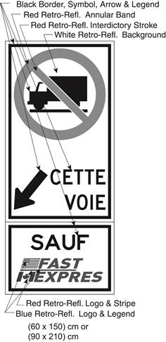 Illustration of Figure E - sign with a No Trucks symbol, diagonally down and left arrow with text CETTE VOIE and SAUF FAST/EXPRES.