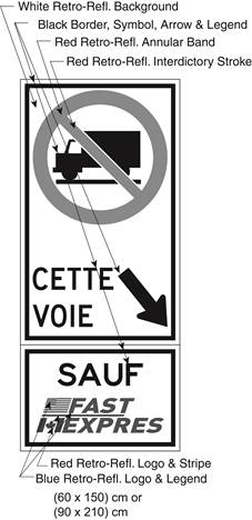 Illustration of Figure F - sign with a No Trucks symbol, diagonally down and right arrow with text CETTE VOIE and SAUF FAST/EXPRES.