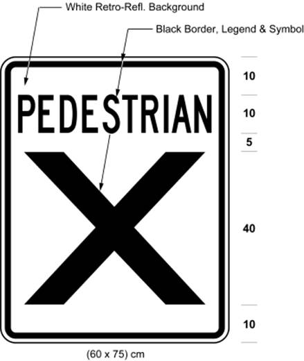 Illustration of pedestrian crossover sign 60 cm wide and 75 cm high with text PEDESTRIAN above large X on white retro-reflective background