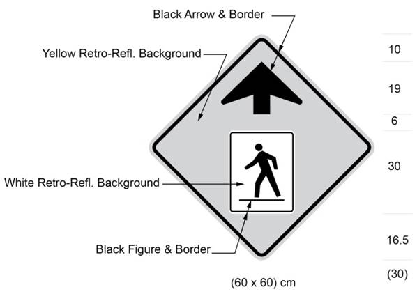 Illustration of sign with yellow background and up arrow over a black symbol of person crossing the road from right to left 