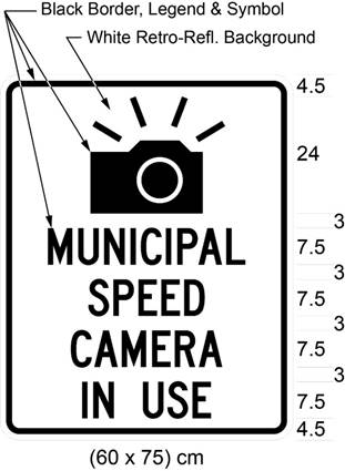 Illustration of sign with image of camera and text MUNICIPAL SPEED CAMERA IN USE