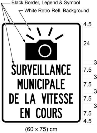 Illustration of sign with image of camera and text SURVEILLANCE MUNICIPALE DE LA VITESSE EN COURS