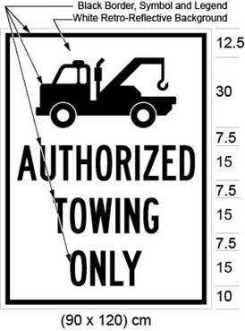 Illustration of sign with a figure of a tow truck and the text AUTHORIZED TOWING ONLY.