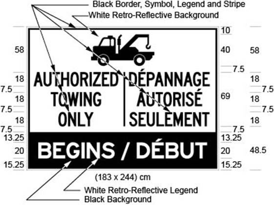 Illustration of sign with text AUTHORIZED TOWING ONLY / DÉPANNAGE AUTHORISÉ SEULEMENT below an illustration of a tow truck above white text BEGINS/DÉBUT on black background.